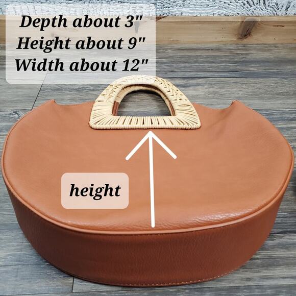 Circular Vegan Leather Rattan Handle Crossbody Bag Boho Chic Purse - Picture 10 of 10